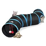 Pawaboo Katzenspielzeug, S Förmiger Katzentunne mit Ball und Glocken Faltbar Rascheltunnel Katze Katzentunnel für Hunde Welpeln Kaninchen und Kleintiere Haustier, Schwarz und Himmelb