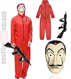 TK Gruppe Timo Klingler Kostüm Set - Haus des Geldes für Erwachsene Unisex mit Dali Salvador Maske, aufblasbares Gewehr, roter Overallanzug für Fasching & Halloween (1x)