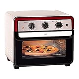 KHG MBO-22CS Retro-Minibackofen Mit Umluft 22l in Creme-Weiß Glas samt Rost, Backblech, Frittierkorb, Drehspieß, Innenbeleuchtung, Heiß