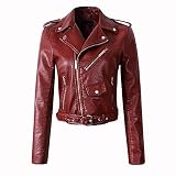 LOPILY Bikerjacke Female Jacke Kunstleder mit Reißverschluss Damen Kunstlederjacke Reverskragen Mit Druckknopf Übergangsjacke in Bikerform Schwarz Winterjacke Damenjacke Wintermantel (Wine, XL)