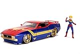 Jada Toys 253225009, 1973 Ford Mustang Mach, Spielzeugauto, Türen, Kofferraum, Motorhaube zum Öffnen, inkl. Die-cast Captain Marvel Figur, Maßstab 1:24, blau/rot/gelb