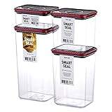 Neoflam Smart Seal Vorratsdosen-Set, rechteckig, extra groß, luftdicht, Kunststoff, transparent, einfache Drehung, 100 % auslaufsicher, spülmaschinenfest, BPA-frei, schwarz/roter Deck