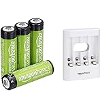 Amazon Basics AA-Batterien, wiederaufladbar, vorgeladen, 4 Stück (Aussehen kann variieren) & USB-Übernacht-Ladegerät, Weiß