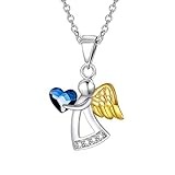 Schutzengel Kette Sterling Silber 925 Engel Anhänger Halskette mit Kristallen, Taufe Kommunion Geburtstagsgeschenke für Mädchen Kinder (Blau)