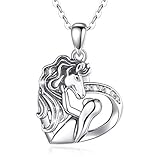 CELESTIA Mädchen Hält Pferde Kette 925 Sterling Silber Herz Anhänger, Pferde Schmuck Geschenke für Tochter Enk