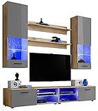 ExtremeFurniture Vida Wohnwand, Karkasse in Wotan Matt/Front in Grau Hochglanz mit LED in Weiß