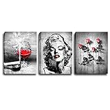 Leinwanddruck Marilyn Monroe Rotweinrot Wandkunst Schwarz und Weiß Dekoration Bild Dekor Wohnzimmer Schlafzimmer mit Rahmen 30,5 x 40,6 cm x 3