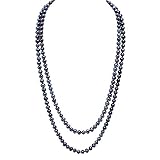 JYX lange Perlenkette Halskette, 7 mm, Schwarz, runde Feshwater Perlen, Länge 122