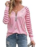 Kapoohott Damen T-Shirt Langarm Elegant Oberteile Casual V-Ausschnitt Shirts Streifen Herzförmig Langarmshirt Bluse Tops mit Reißverschluss XL&R