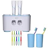 WEKITY Zahnbürstenhalter, Wandmontage, multifunktional, automatisch, Zahnbürsten- und Zahnpasta-Ausdrücker-Set mit 4 Bechern, 5 Zahnbürstenschlitzen und 2 Zahnpasta-Spender, einfache I