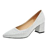 MISSUIT Damen Chunky Heels Pumps mit Blockabsatz High Heels Spitz Glitzer Braut Hochzeitsschuhe(Silber,38)