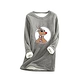 Dickes Fleece Sweatshirt Damen Weihnachtspullover mit Elch Druck Plus Samt Oberteile Herbst Winter warme Unterwäsche Rundhals Langarm Basic Hemd Flauschig weiche Tunika Bluse Nachtwäsche Pyj