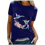 Masrin Hope-Love Buchstabe T-Shirt Frauen Lässig Blumendruck Tops Sommer Vogel Grafiken Pullover Kurzarm O-Ausschnitt Lose Tunika Bluse(L,Blau)