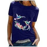 Masrin Hope-Love Buchstabe T-Shirt Frauen Lässig Blumendruck Tops Sommer Vogel Grafiken Pullover Kurzarm O-Ausschnitt Lose Tunika Bluse(L,Blau)