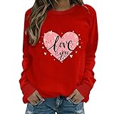 Hekbaep Valentinstag Damen Liebe Bedruckter Pullover Ohne Kapuze Einfacher Modischer Sweatshirt Langarmshirt Pulli Tops Shirt Frühling Herbst Oberteile Für Frauen Teenager Mädchen (Rot, XXL)
