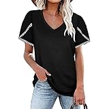 Frauen Sommer locker einfarbig V-Ausschnitt Spitze Blütenblatt Ärmel T-Shirt Shirts Kurzarm Blütenblatt Ärmel Tops Pullover weich lässig Sommer Basic Damen Casual Tops Kurzarm Basic T-S