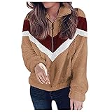 AFFGEQA Damen Plüsch Sweatshirt Patchwork Halber Reißverschluss Langarm Pullover Top Wintermantel Lang Warm Elegant Fleece Mantel Herbst Sw