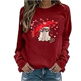 Tshirt Damen Valentinstag Langarmshirts für Frauen Süße Katze mit Regenschirm Herz Grafik Lässige lose Rundhalshemden Pullover Tee Tops Hemd Bluse Female Teenager Mädchen Oversize Ob