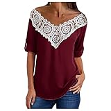 Weste für Damen, T-Shirt mit Schultern, Damen-T-Shirt, Frühlingskleidung, Tops für Damen, lässig, modisch, bedruckt, kurzärmelig, mit V-Ausschnitt, Pullover Zippe, T-Shirt, (#007) Weinrot, XX-Larg