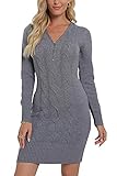 Vthereal Damen Pullover Strickkleider Stretch Pulloverkleid Sexy Strickkleid Frauen Pulli Reißverschluss Winterkleid Stricken Tunika Kleid Tops,Grau,M