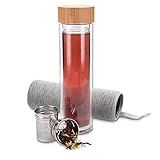 Navaris Teeflasche aus Glas mit Edelstahl Sieb - 500ml Tee Flasche Teekanne to go - Trinkflasche doppelwandig aus Borosilikatglas mit Hülle in G
