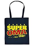 Geschenk Oma 75.Geburtstag - Coole Geschenktasche 75 - Jahrgnag 1947 : Super Oma Since 1947 - Baumwolltasche Großmutter + Urkunde - für 2022 !! - Farbe: Navyb