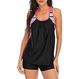 Durio Tankini für Damen Tankini Damen Bauchweg Bademode Top Bandeau Mit Hotpants Set Badeanzug Rose Rot 42-44
