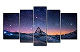 5-teiliger Kunstdruck auf Leinwand, frisches Aussehen, Wandbild, Sternen-Nachthimmel über über den Bergen, Öl-Landschaftsbilder für zuhause, moderne Dekoration für W