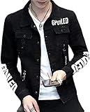 Herren-Jeansjacke mit Buchstabenaufdruck, normale Passform, gerippt, Used-Look, Schwarz , XS