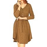 Herbst Und Winter Casual Fashion Damen V-Ausschnitt Einfarbig KnöPfe Langarm SchnüRung Kordelzug Taille Loses Kleid D