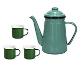 Pevfeciy Teekanne Emaille Mit 3 Tassen,1.1L Kaffeekannen - Emaille Kann Als Teekanne Oder Wasserkocher Verwendet Werden - Hochwertiger Stahl 0.4mm Stark, Camping, Picnic, Outdoors Kaffeek