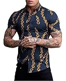 Chahuer Herren Kettendruck Hemd Sommer Casual Fashion Print Revers Kurzarmhemden Farbe2 4XL