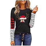 Overdose Damen Fashion Blusen T-Shirts Oberteile Tops Merry Christmas Loose Tee Rundhals Casual Herbst Langarmshirt Weihnachtsdruck Tshirt Hemd Tunika Lange Ä