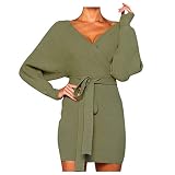 Winterkleid Damen Elegant Tiefer V-Ausschnitt Minikleid Cross Langarm Tunika Pullover Winterpulli Kleid Gürtel Casual Warmer Winterkleider Kleid Sweater Kleid Herbst Sexy Kleid W