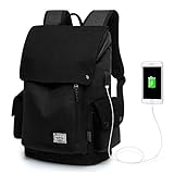 WindTook Canvas Rucksack Herren Damen Schulrucksack Daypack Laptop Rucksack Tagesrucksack mit USB Anschluss für 15,6 Zoll Notebook, Uni Büro Freizeit Arbeit Schule, 30x17x45cm, Schw