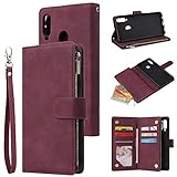 Telefon Flip Fall Wallet Case für Samsung Galaxy A20S, Premium-weiche PU-Leder-Reißverschluss-FLIP-Folio-Brieftasche mit Handgelenk-Gurt-Kartensteckplatz Kickstand Schutzhülle für Samsung Galaxy A20S