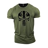 Gymtier, Bodybuilding-T-Shirt für Herren – Schädel mit UK-Flagge – Trainings-Top Gr. M, grü