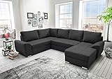lifestyle4living Wohnlandschaft (XXL) mit Schlaffunktion & Bettkasten | Gemütliches U-Sofa in Schwarz, Flachgeweb