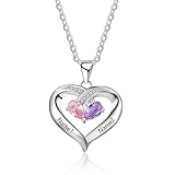 Personalisierte Sterling Silber Halsketten mit Herzanhänger 2 Simulierte Birthstone Halskette Echt Silber Gravur für Frauen halskette für mama mit g