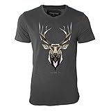 Sinus 74 Design -Hirsch Geweih Erdfarben – Herren Shirt in Graphite mit Blauer Schulternaht - James & Nicholson Premium Shirt – Design Paul S