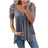 Damen Blusen Reißverschluss Bluse Tunika Oberteile T-Shirt V-Ausschnitt Tops Ausgeschnitten Kalte Schulter Damen T-Shirt Sommer Tunika Sommerbluse Tops S