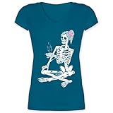 Halloween Kostüm Outfit - Kaffee trinkendes Skelett - L - Türkis - 32 - XO1525 - Damen T-Shirt mit V