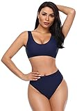 SHEKINI Damen Bikini Set Sportlich Weste Klassisch Rückenfrei Bikinioberteil Zweiteiliger Badeanzug High Waist Bikinihose Bademode für Frauen （S, Dunkelblau）
