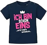 MoonWorks® Baby T-Shirt 1. Geburtstag Spruch Ich Bin Schon 1 jetzt wird's gefährlich Geburtstagsshirt Bio-Baumwolle Navy-pink 80/86 (10-15 Monate)