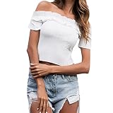 Sonojie Damen Schulterfreier Chiffon Bluse Sommer Casual Off Shoulder Langarmshirt Elegante Einfarbiges Tops mit Rüschen Ä