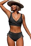 Beachsissi Damen Hoch taillierte Badeanzüge Criss Cross Drawstring Side Bikini Sets Lace Up 2 Stück Badeanzüge, Schwarz, M