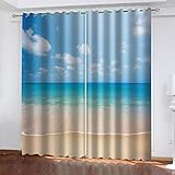 BKTTDS Blickdichter Vorhang Schlafzimmer Verdunkelungsvorhang Wohnzimmer Kinderzimmer Wärmedämmvorhang Fensterdekoration 3D Hd Druck Die Blaue Landschaft des Meeres Muster Gardinen Mit Ösen 214X200