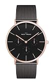 New Trend Unisex Armbanduhr Damen-Uhr Herren-Uhr, Analog Display, Quarzwerk, Leder-Armband, Chronograph-Optik, Klassische Zeigeruhr mit Dornschließe (schwarz Metallarmband)