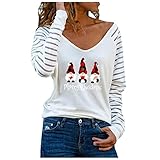 Timitai Damen Casual Christmas Print Frohe Weihnachten Stitching Stripe Langarm V-Ausschnitt T-Shirt Top Damen Herbst Top