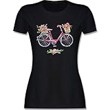 Vintage - Vintage Fahrrad Wasserfarbe Blumen - S - Schwarz - Tshirt Damen Fahrrad - L191 - Tailliertes Tshirt für Damen und Frauen T-S